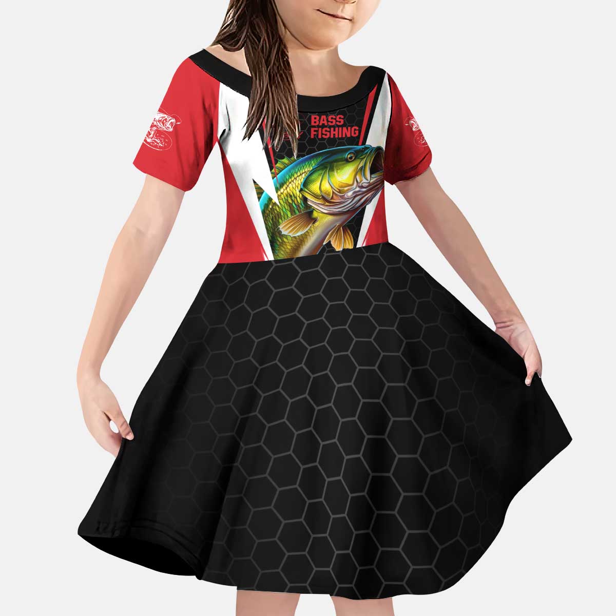 Bass Fishing Personalized Kid Short Sleeve Dress Bold Red and Black Lightning Pattern and Honeycomb Background - Wonder Print Shop