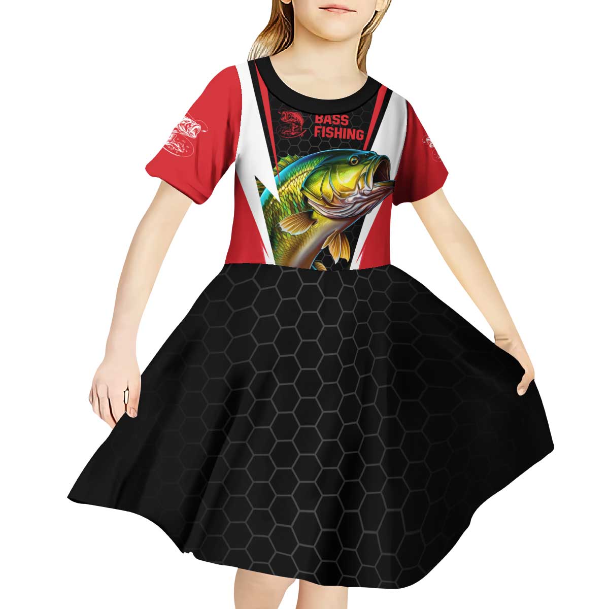 Bass Fishing Personalized Kid Short Sleeve Dress Bold Red and Black Lightning Pattern and Honeycomb Background - Wonder Print Shop