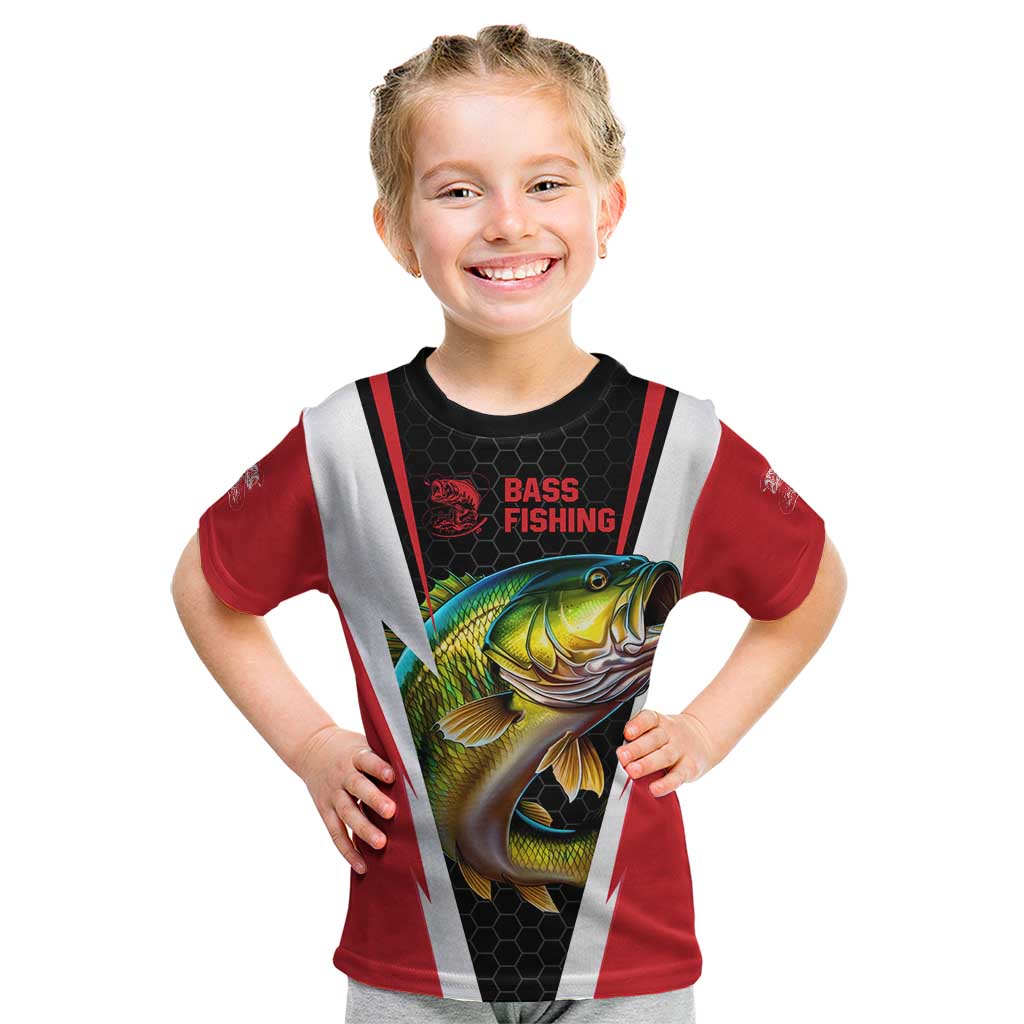 Bass Fishing Personalized Kid T Shirt Bold Red and Black Lightning Pattern and Honeycomb Background - Wonder Print Shop