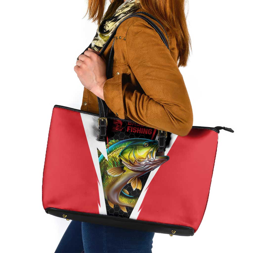 Bass Fishing Personalized Leather Tote Bag Bold Red and Black Lightning Pattern and Honeycomb Background - Wonder Print Shop