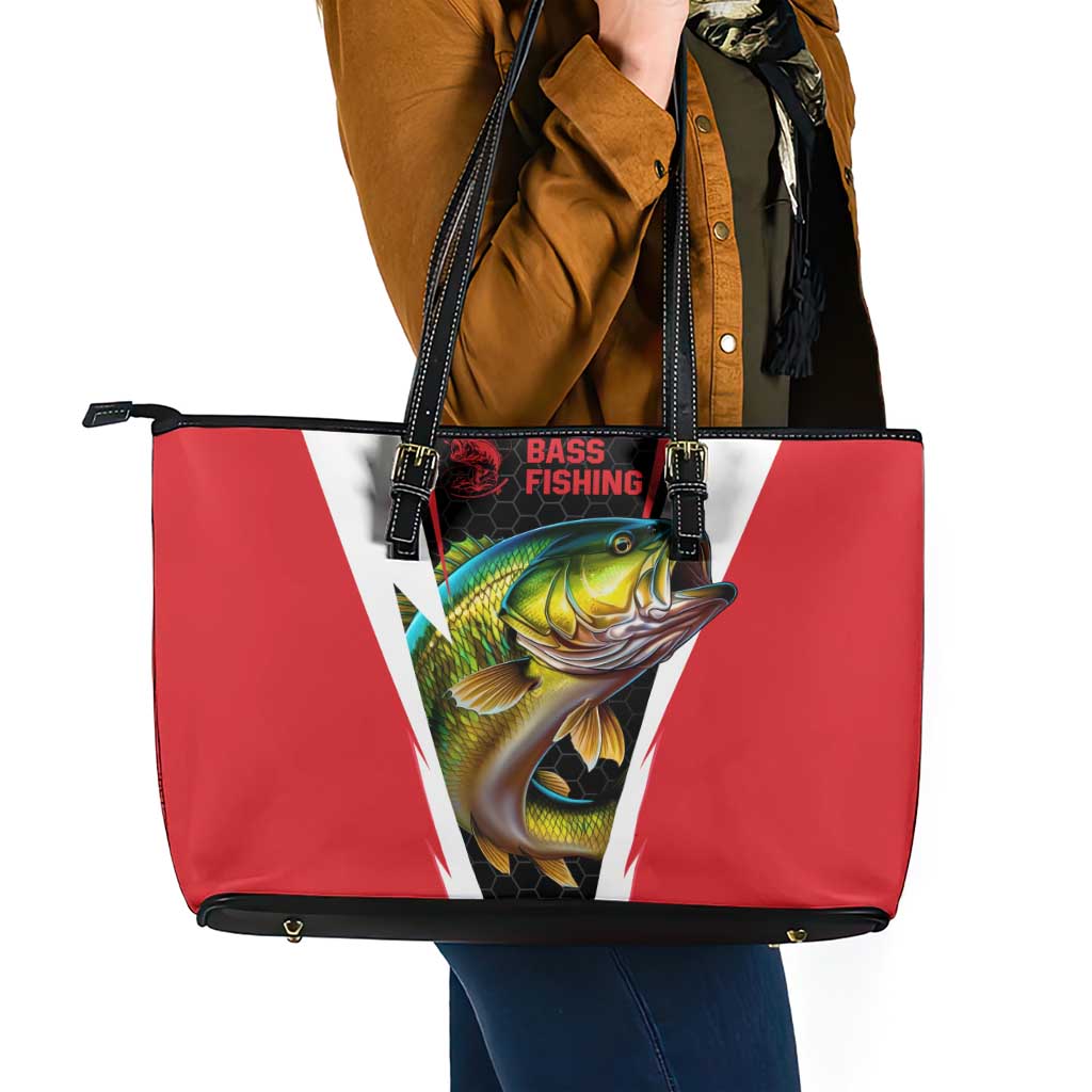 Bass Fishing Personalized Leather Tote Bag Bold Red and Black Lightning Pattern and Honeycomb Background - Wonder Print Shop