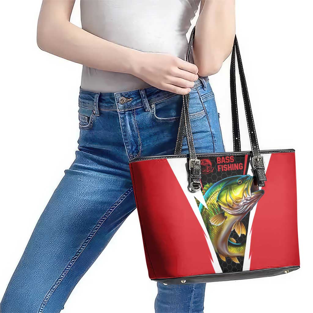 Bass Fishing Personalized Leather Tote Bag Bold Red and Black Lightning Pattern and Honeycomb Background - Wonder Print Shop