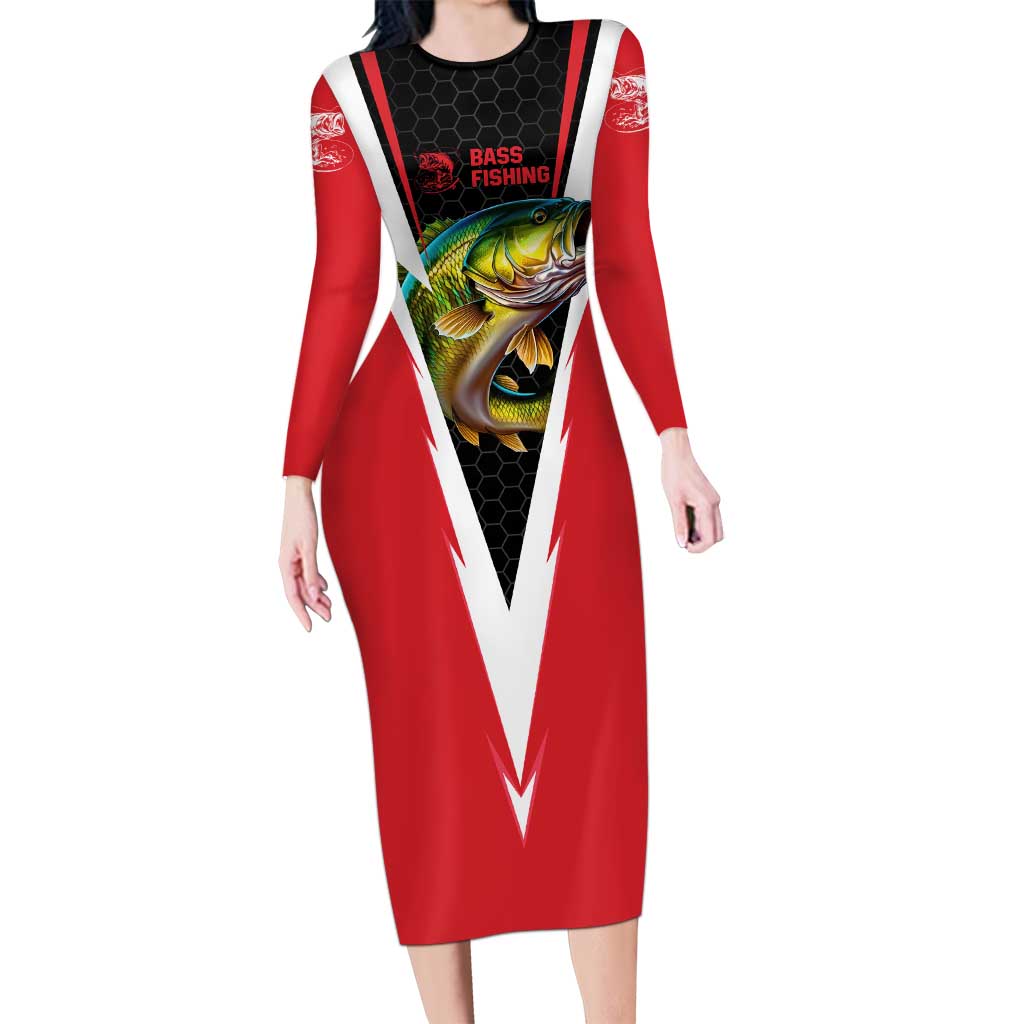 Bass Fishing Personalized Long Sleeve Bodycon Dress Bold Red and Black Lightning Pattern and Honeycomb Background - Wonder Print Shop