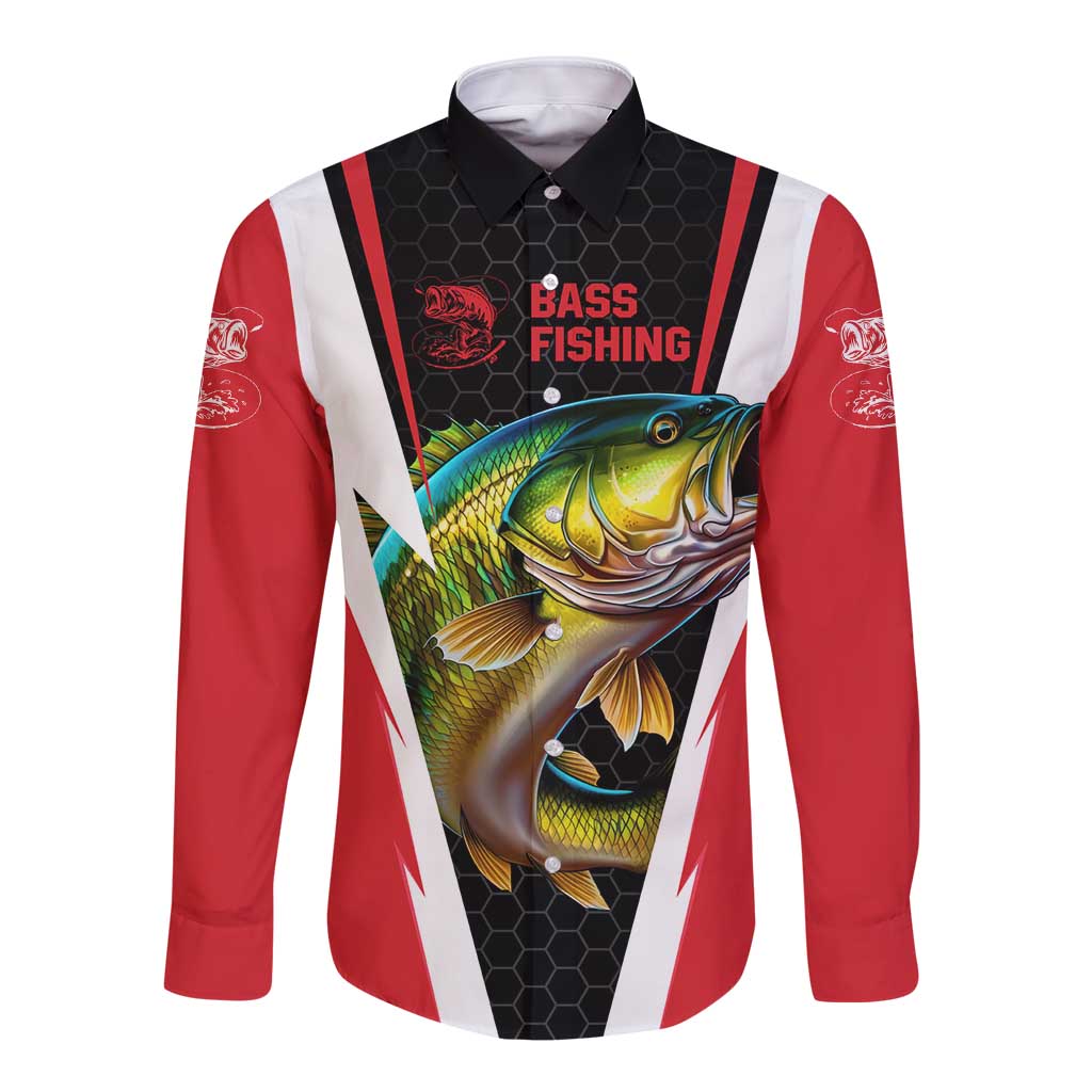 Bass Fishing Personalized Long Sleeve Button Shirt Bold Red and Black Lightning Pattern and Honeycomb Background - Wonder Print Shop