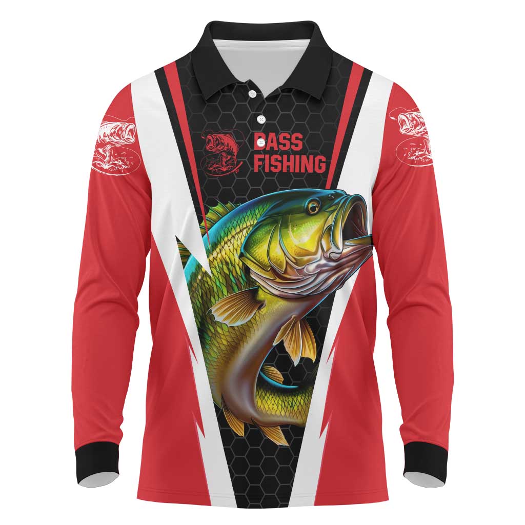 Bass Fishing Personalized Long Sleeve Polo Shirt Bold Red and Black Lightning Pattern and Honeycomb Background - Wonder Print Shop