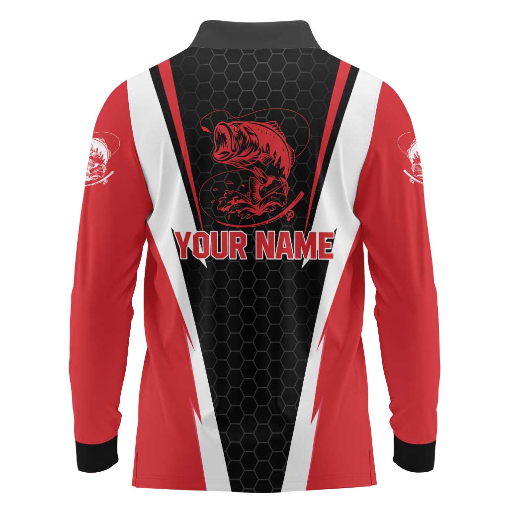 Bass Fishing Personalized Long Sleeve Polo Shirt Bold Red and Black Lightning Pattern and Honeycomb Background - Wonder Print Shop