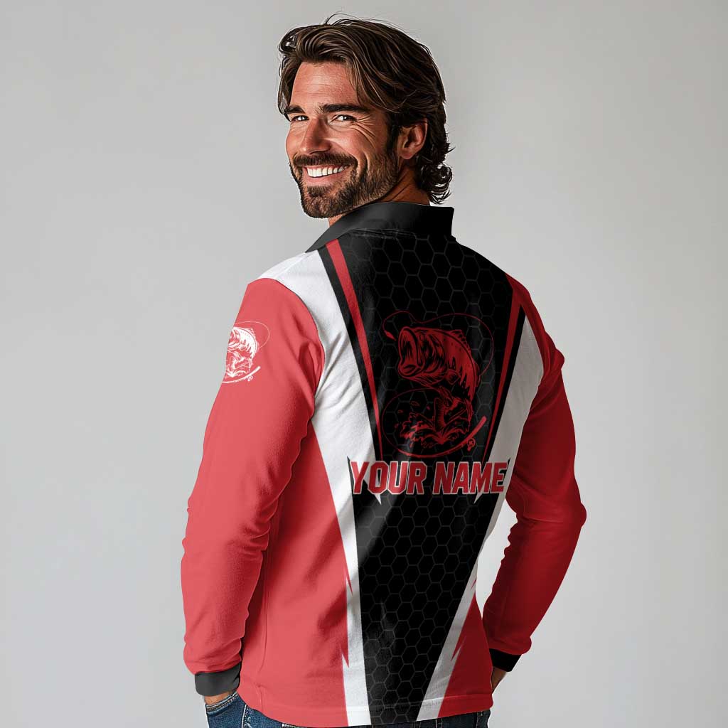 Bass Fishing Personalized Long Sleeve Polo Shirt Bold Red and Black Lightning Pattern and Honeycomb Background - Wonder Print Shop