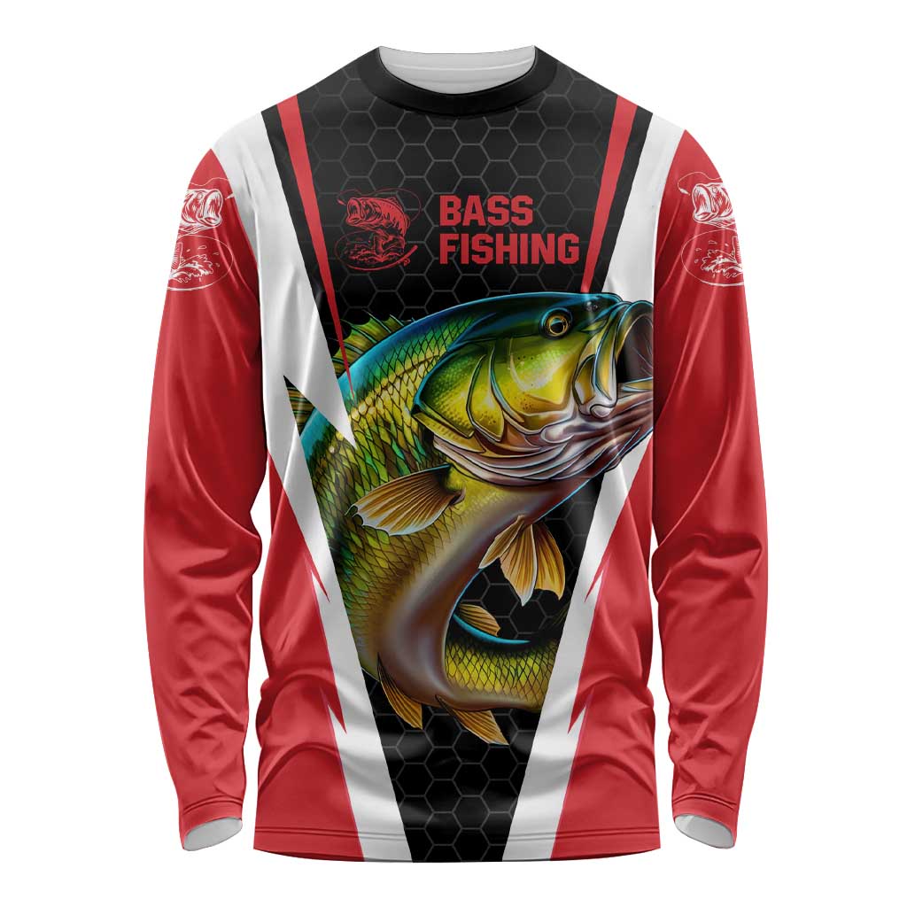 Bass Fishing Personalized Long Sleeve Shirt Bold Red and Black Lightning Pattern and Honeycomb Background - Wonder Print Shop