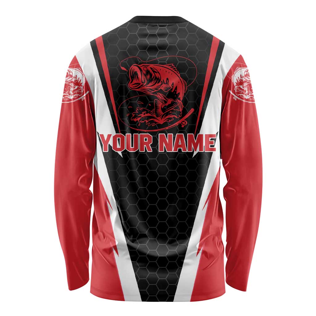 Bass Fishing Personalized Long Sleeve Shirt Bold Red and Black Lightning Pattern and Honeycomb Background - Wonder Print Shop