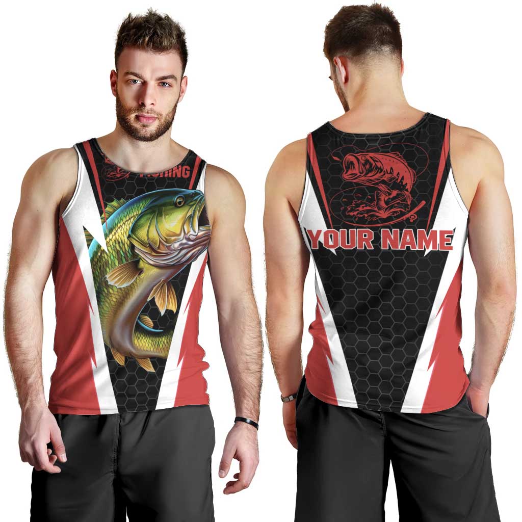 Bass Fishing Personalized Men Tank Top Bold Red and Black Lightning Pattern and Honeycomb Background - Wonder Print Shop
