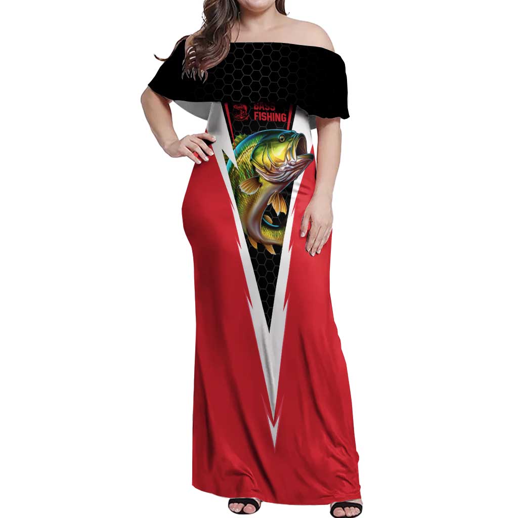 Bass Fishing Personalized Off Shoulder Maxi Dress Bold Red and Black Lightning Pattern and Honeycomb Background - Wonder Print Shop