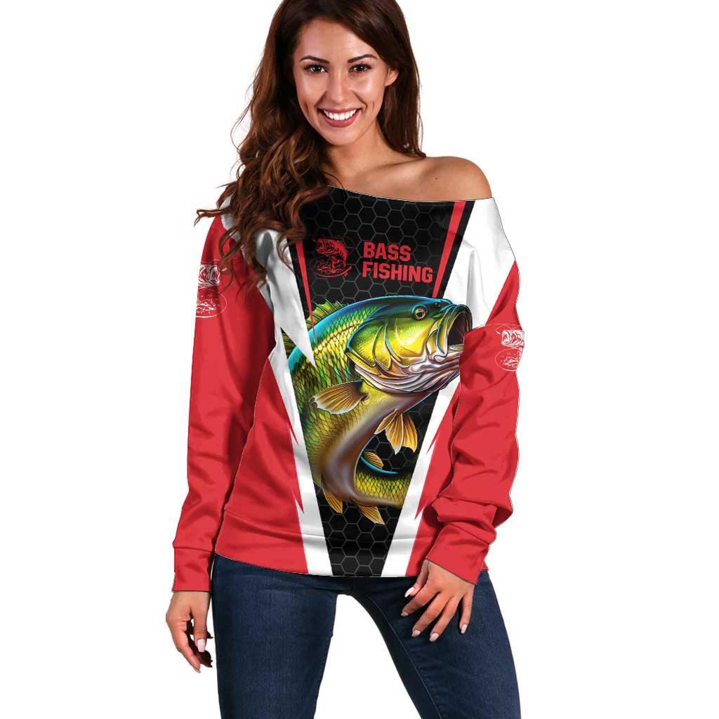 Bass Fishing Personalized Off Shoulder Sweater Bold Red and Black Lightning Pattern and Honeycomb Background - Wonder Print Shop
