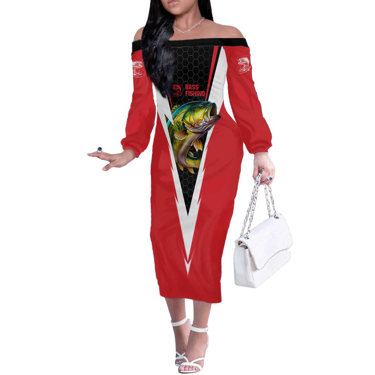 Bass Fishing Personalized Off The Shoulder Long Sleeve Dress Bold Red and Black Lightning Pattern and Honeycomb Background - Wonder Print Shop