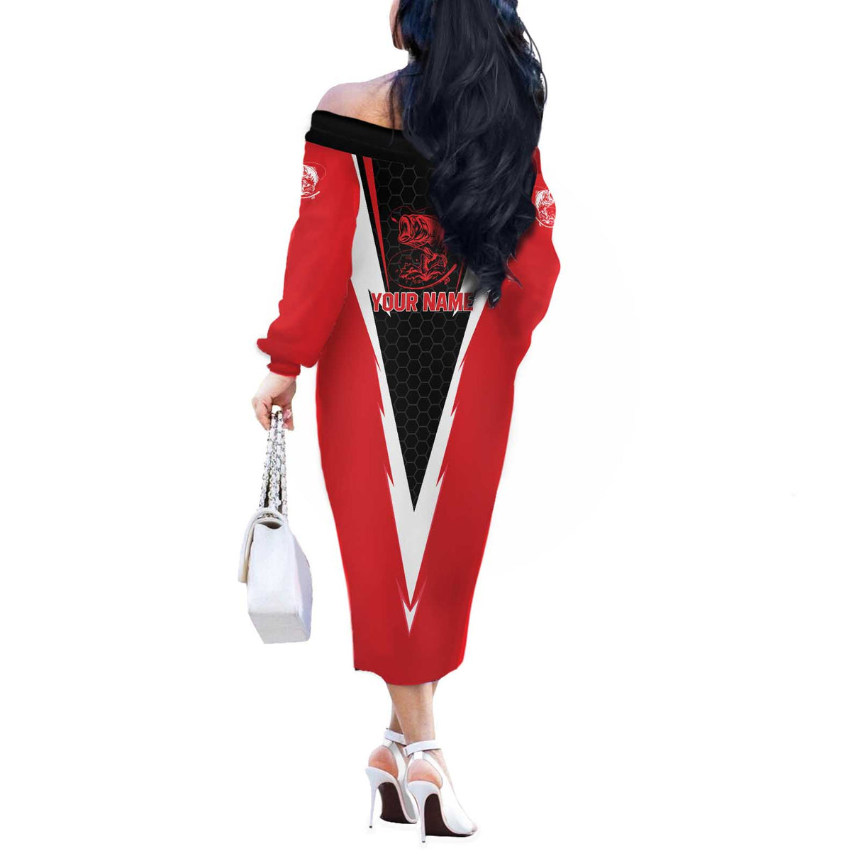 Bass Fishing Personalized Off The Shoulder Long Sleeve Dress Bold Red and Black Lightning Pattern and Honeycomb Background - Wonder Print Shop