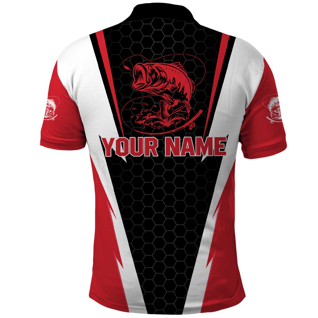 Bass Fishing Personalized Polo Shirt Bold Red and Black Lightning Pattern and Honeycomb Background - Wonder Print Shop