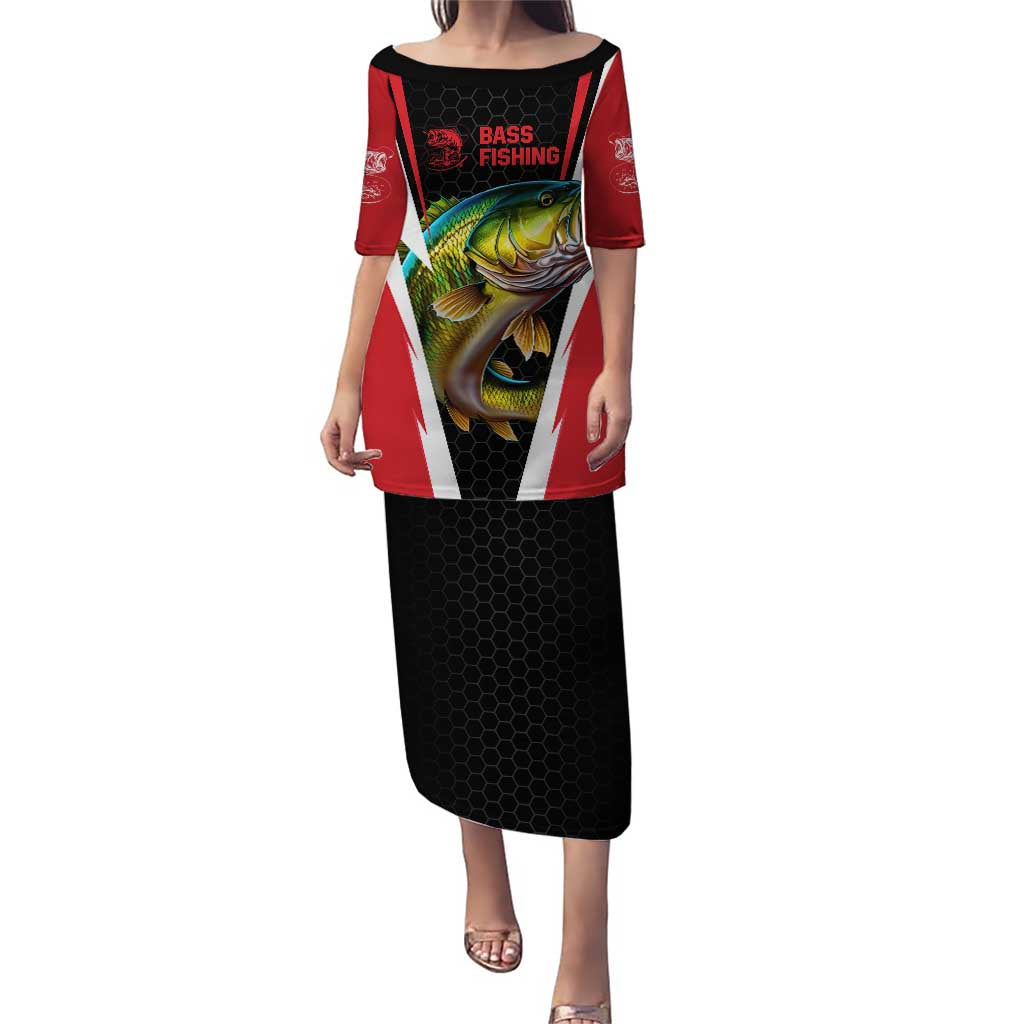 Bass Fishing Personalized Puletasi Bold Red and Black Lightning Pattern and Honeycomb Background - Wonder Print Shop