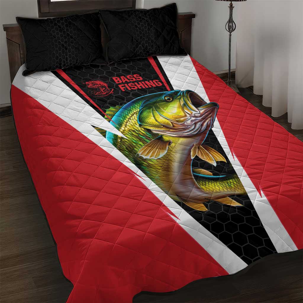 Bass Fishing Personalized Quilt Bed Set Bold Red and Black Lightning Pattern and Honeycomb Background - Wonder Print Shop