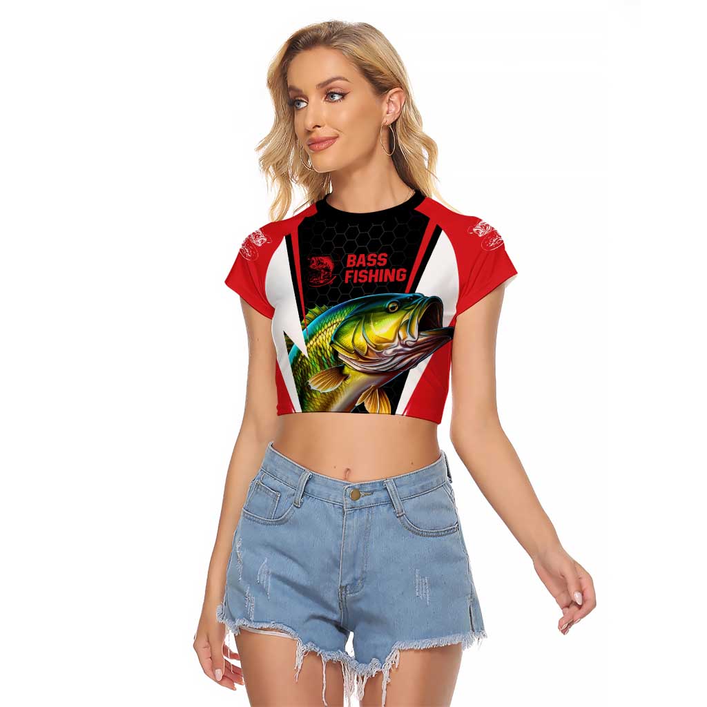 Bass Fishing Personalized Raglan Cropped T Shirt Bold Red and Black Lightning Pattern and Honeycomb Background - Wonder Print Shop