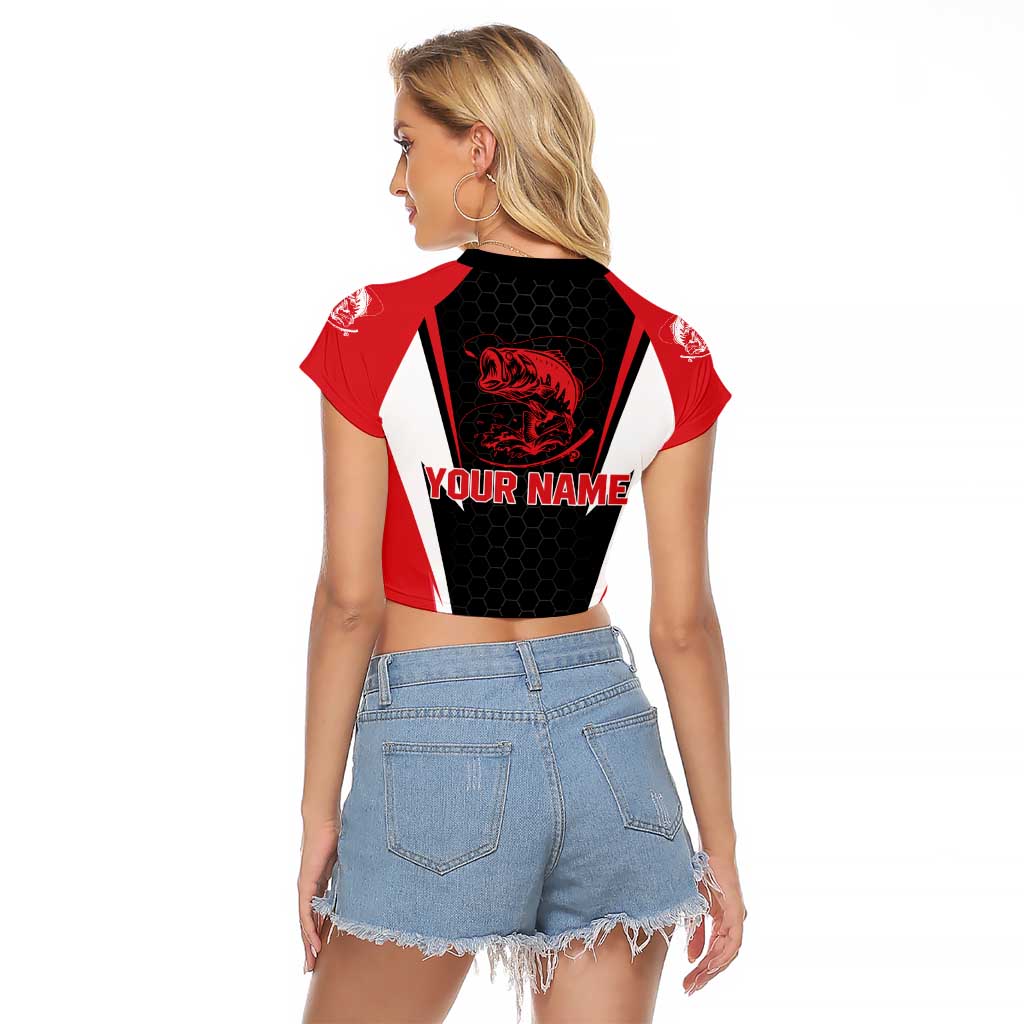 Bass Fishing Personalized Raglan Cropped T Shirt Bold Red and Black Lightning Pattern and Honeycomb Background - Wonder Print Shop