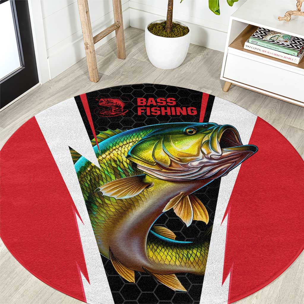 Bass Fishing Personalized Round Carpet Bold Red and Black Lightning Pattern and Honeycomb Background - Wonder Print Shop