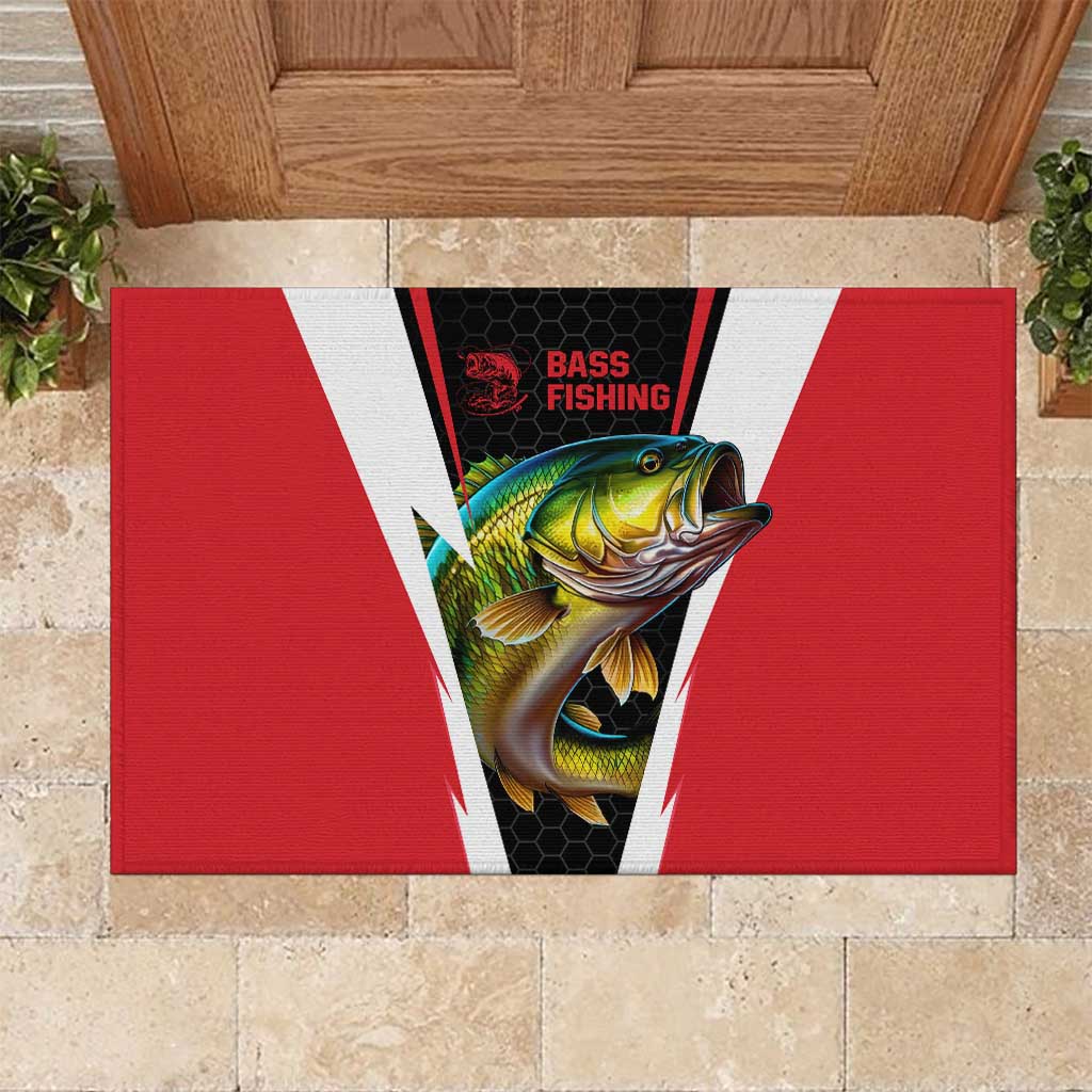 Bass Fishing Personalized Rubber Doormat Bold Red and Black Lightning Pattern and Honeycomb Background - Wonder Print Shop