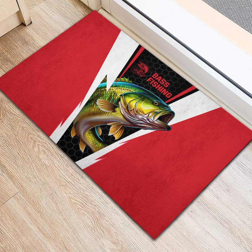 Bass Fishing Personalized Rubber Doormat Bold Red and Black Lightning Pattern and Honeycomb Background - Wonder Print Shop