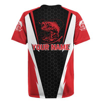 Bass Fishing Personalized Rugby Jersey Bold Red and Black Lightning Pattern and Honeycomb Background - Wonder Print Shop