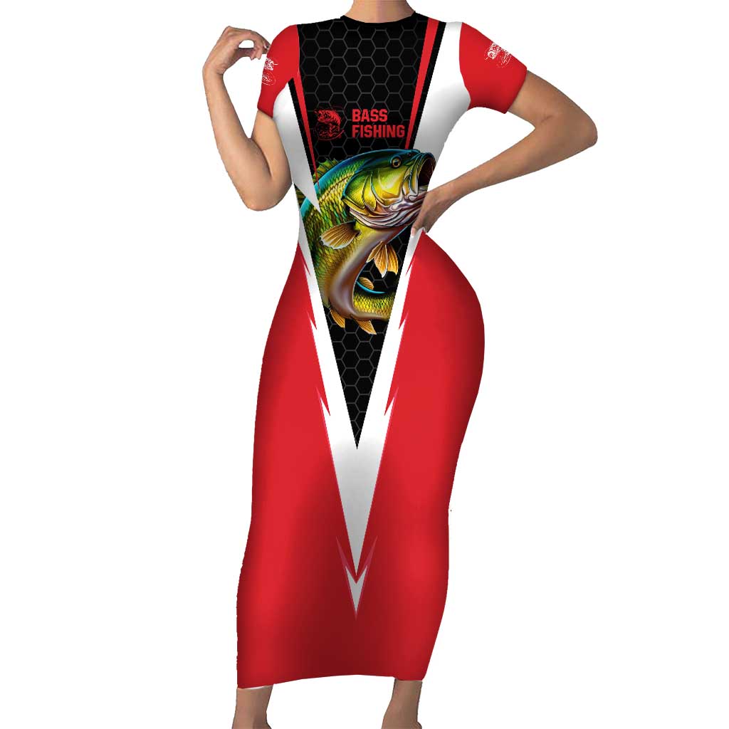 Bass Fishing Personalized Short Sleeve Bodycon Dress Bold Red and Black Lightning Pattern and Honeycomb Background - Wonder Print Shop