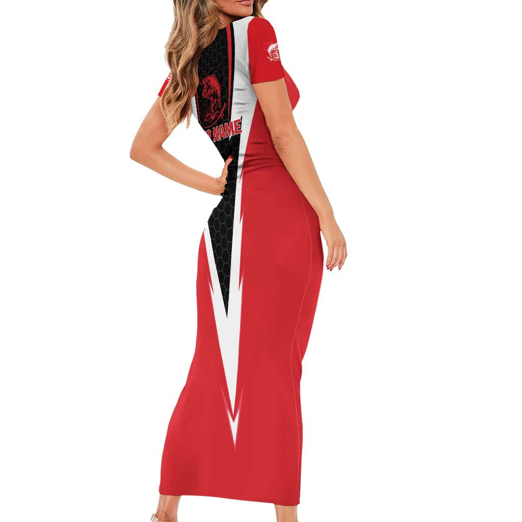 Bass Fishing Personalized Short Sleeve Bodycon Dress Bold Red and Black Lightning Pattern and Honeycomb Background - Wonder Print Shop
