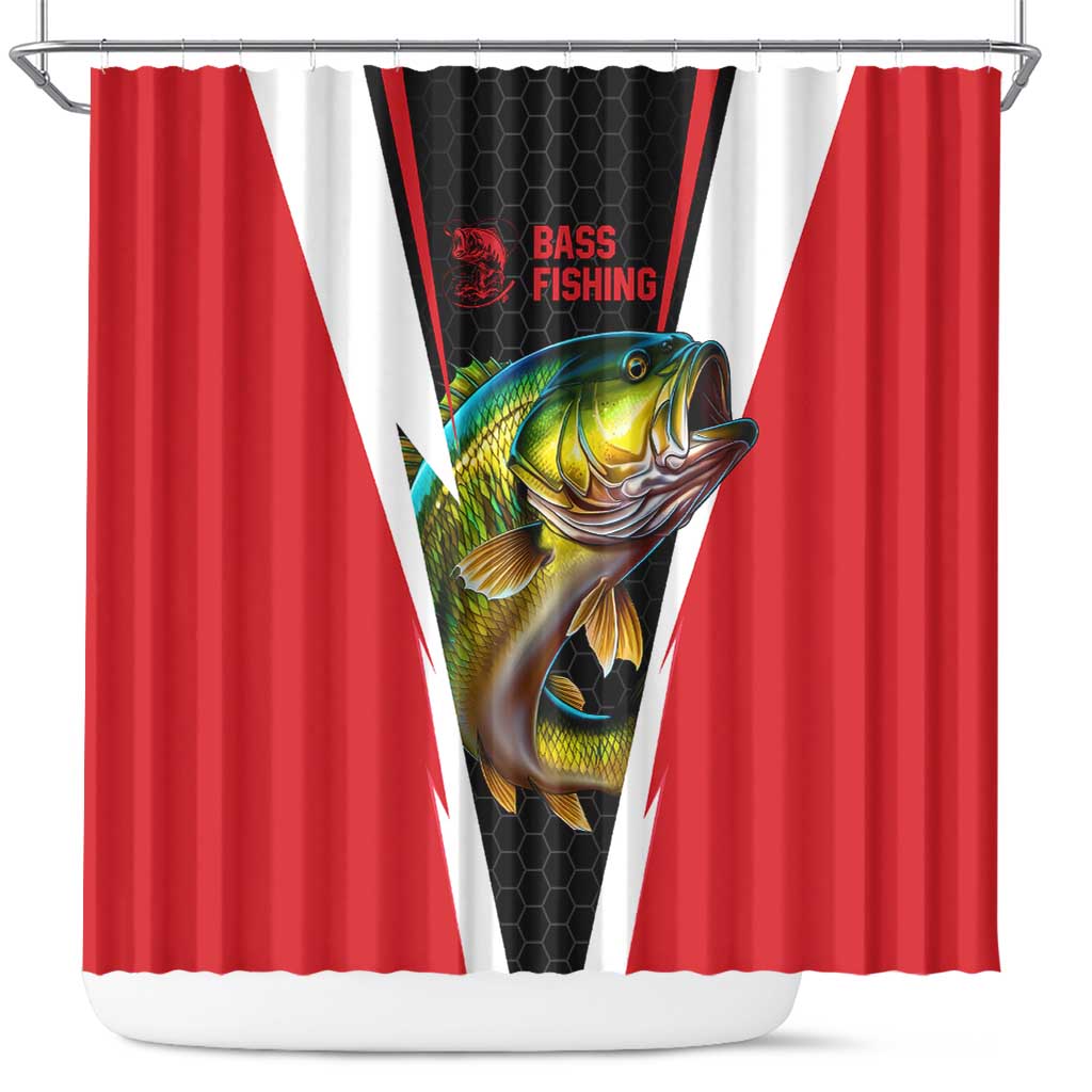 Bass Fishing Personalized Shower Curtain Bold Red and Black Lightning Pattern and Honeycomb Background - Wonder Print Shop