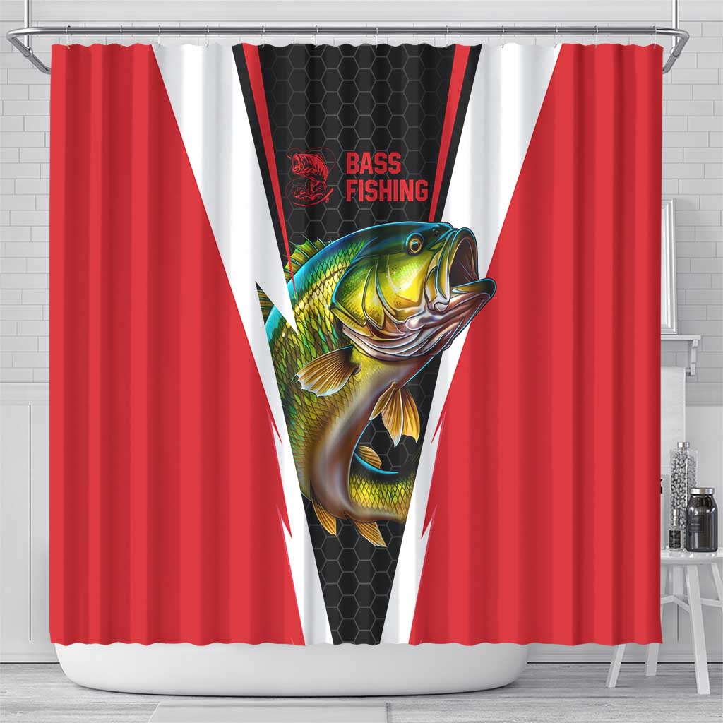 Bass Fishing Personalized Shower Curtain Bold Red and Black Lightning Pattern and Honeycomb Background - Wonder Print Shop