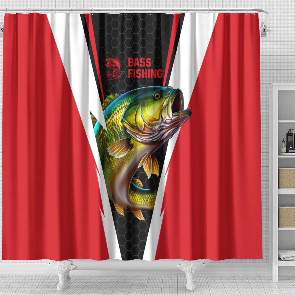 Bass Fishing Personalized Shower Curtain Bold Red and Black Lightning Pattern and Honeycomb Background - Wonder Print Shop