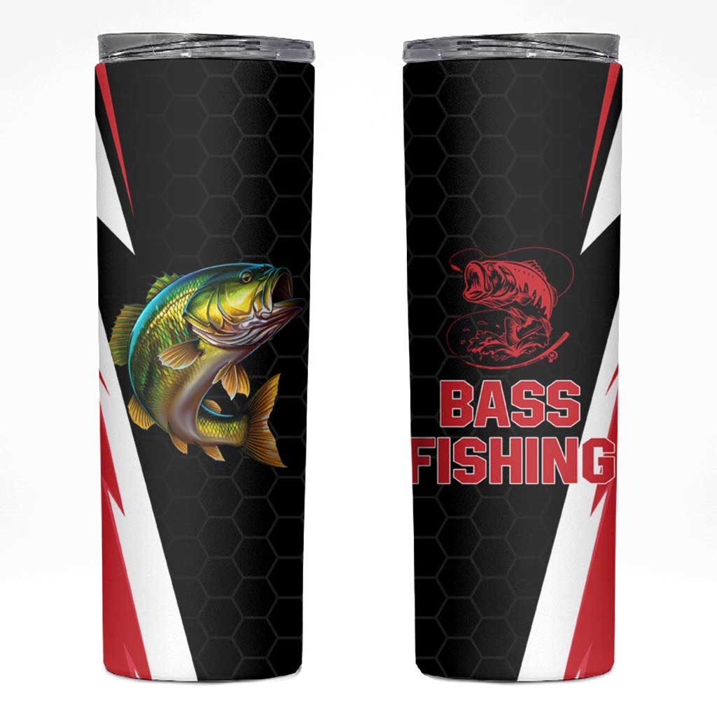 Bass Fishing Personalized Skinny Tumbler Bold Red and Black Lightning Pattern and Honeycomb Background - Wonder Print Shop