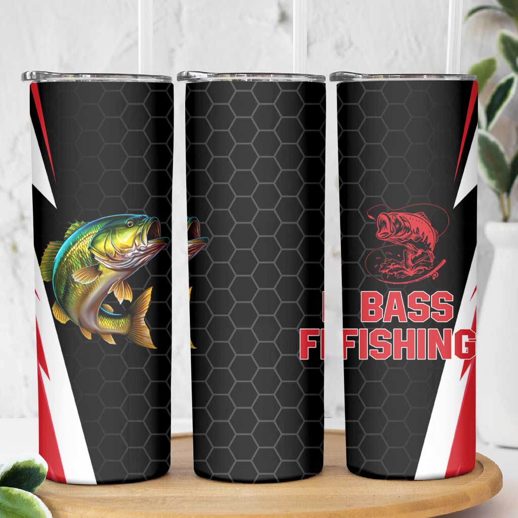 Bass Fishing Personalized Skinny Tumbler Bold Red and Black Lightning Pattern and Honeycomb Background - Wonder Print Shop