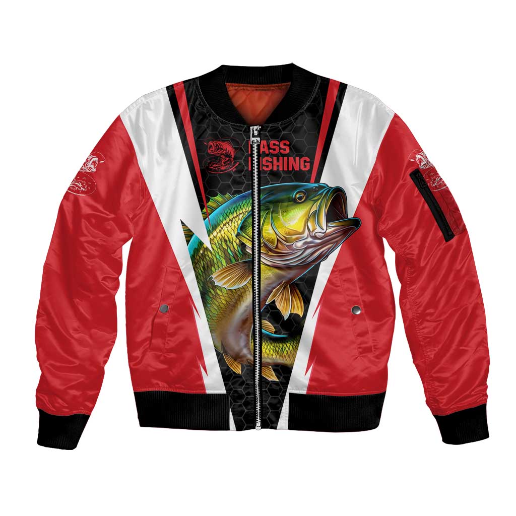 Bass Fishing Personalized Sleeve Zip Bomber Jacket Bold Red and Black Lightning Pattern and Honeycomb Background - Wonder Print Shop