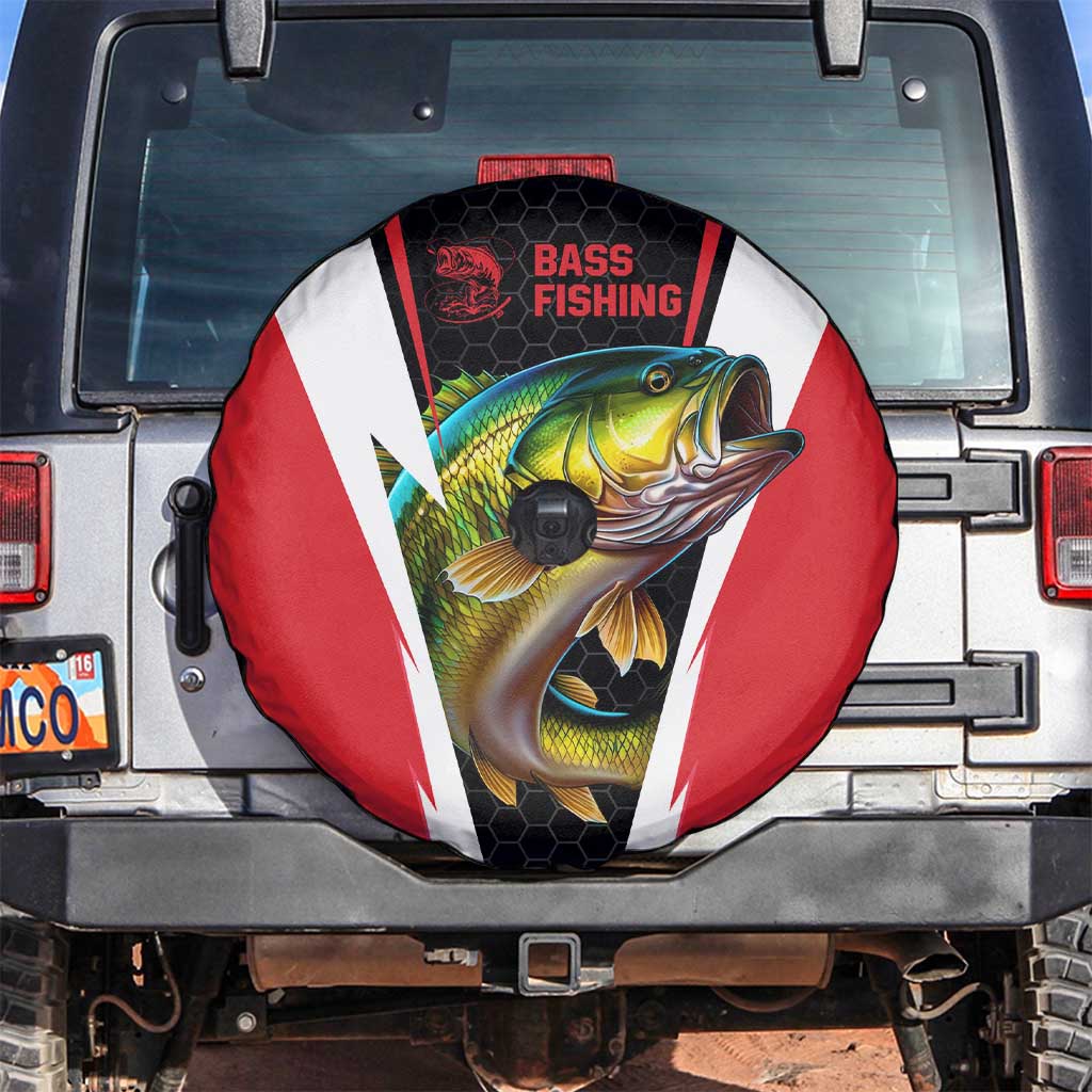 Bass Fishing Personalized Spare Tire Cover Bold Red and Black Lightning Pattern and Honeycomb Background - Wonder Print Shop