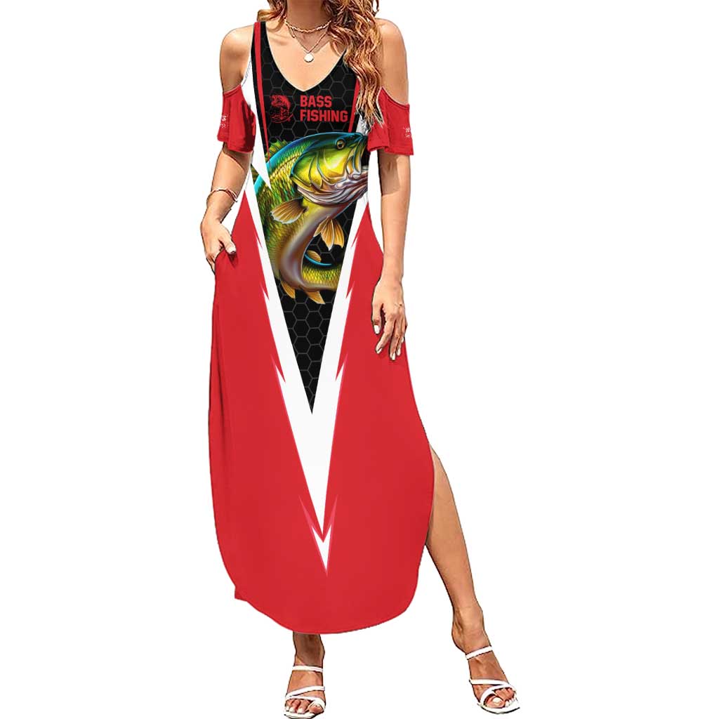 Bass Fishing Personalized Summer Maxi Dress Bold Red and Black Lightning Pattern and Honeycomb Background - Wonder Print Shop