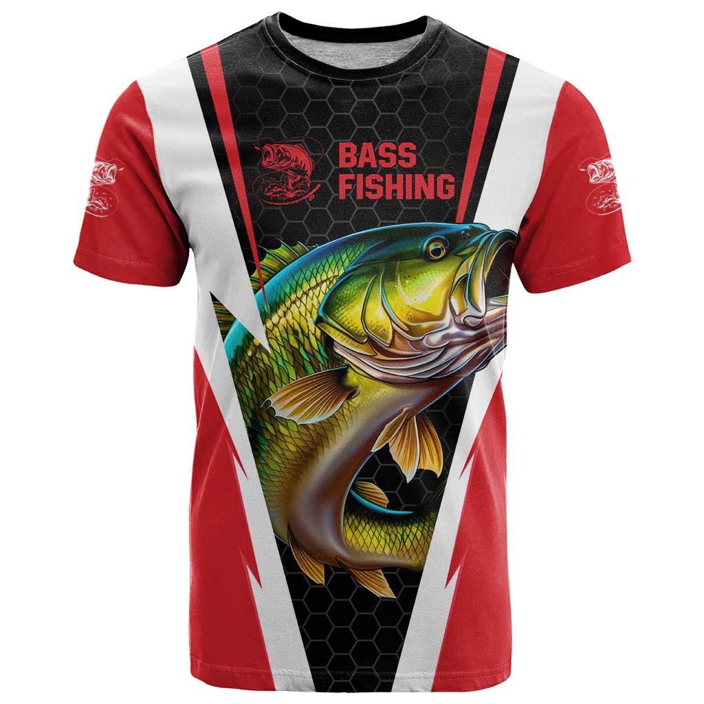 Bass Fishing Personalized T Shirt Bold Red and Black Lightning Pattern and Honeycomb Background - Wonder Print Shop