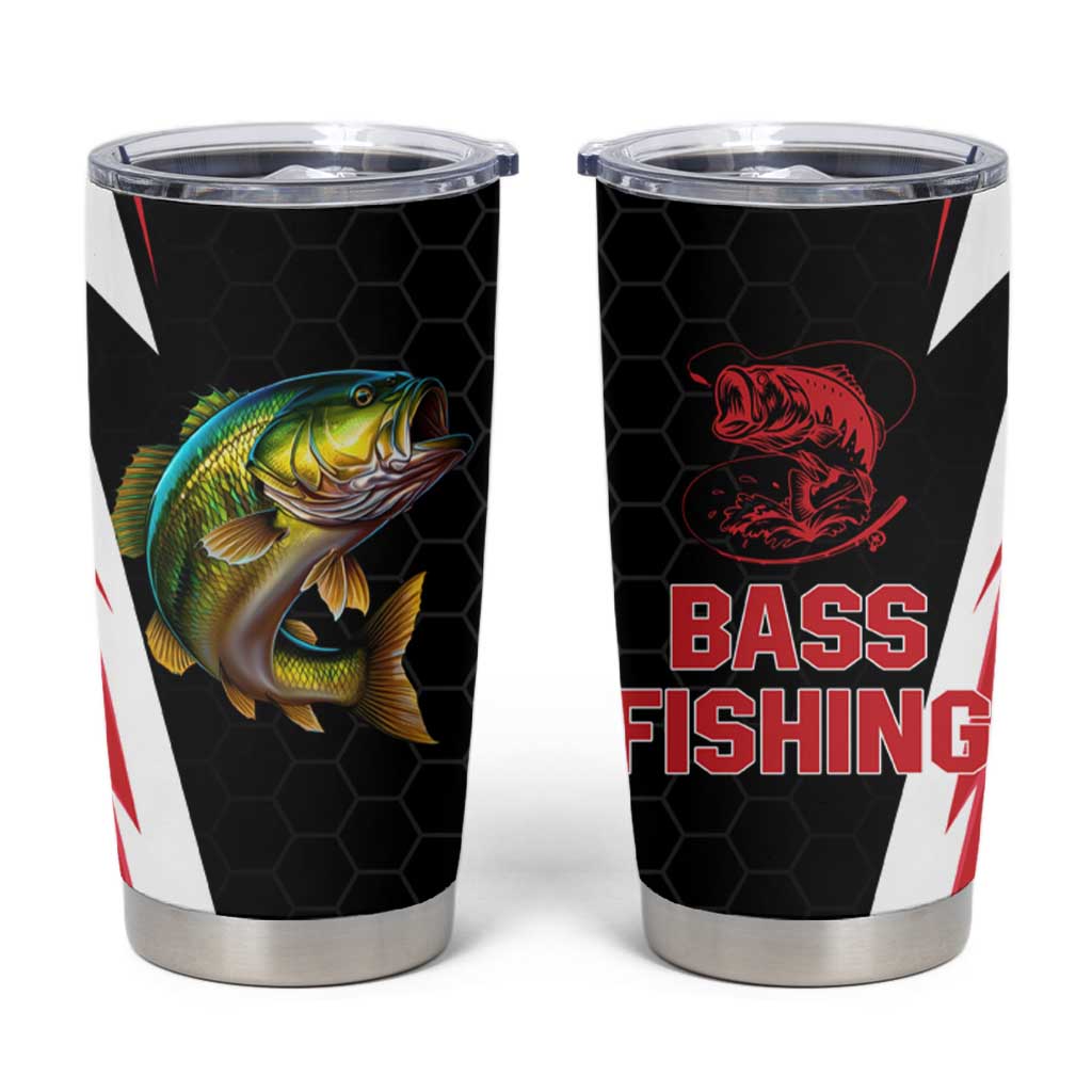 Bass Fishing Personalized Tumbler Cup Bold Red and Black Lightning Pattern and Honeycomb Background - Wonder Print Shop