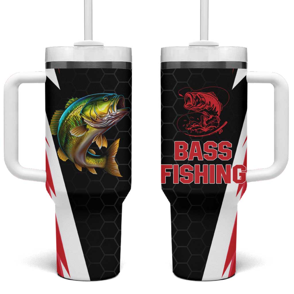 Bass Fishing Personalized Tumbler With Handle Bold Red and Black Lightning Pattern and Honeycomb Background - Wonder Print Shop