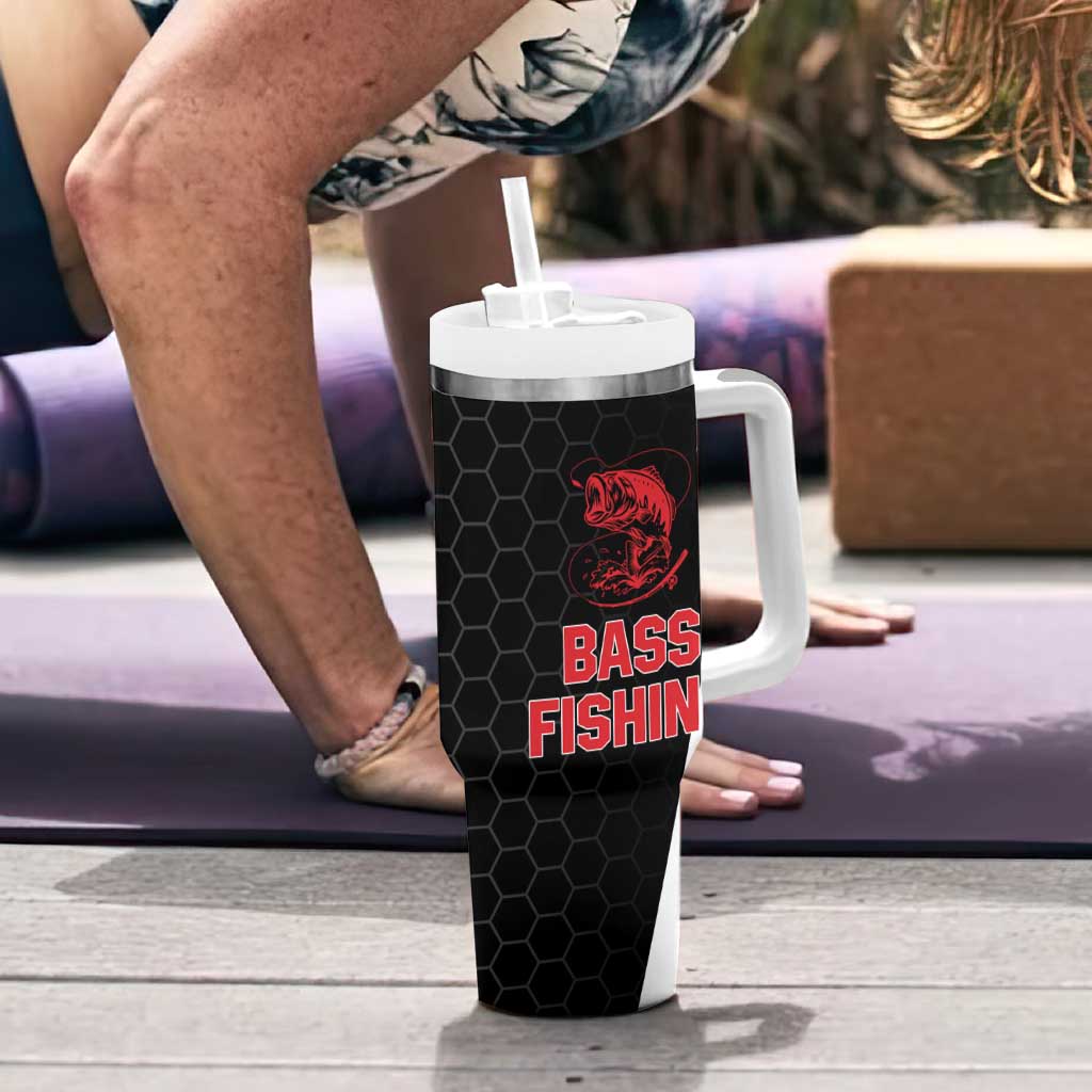 Bass Fishing Personalized Tumbler With Handle Bold Red and Black Lightning Pattern and Honeycomb Background - Wonder Print Shop