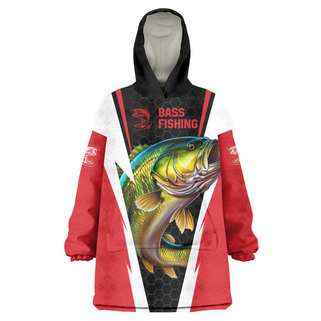 Bass Fishing Personalized Wearable Blanket Hoodie Bold Red and Black Lightning Pattern and Honeycomb Background - Wonder Print Shop
