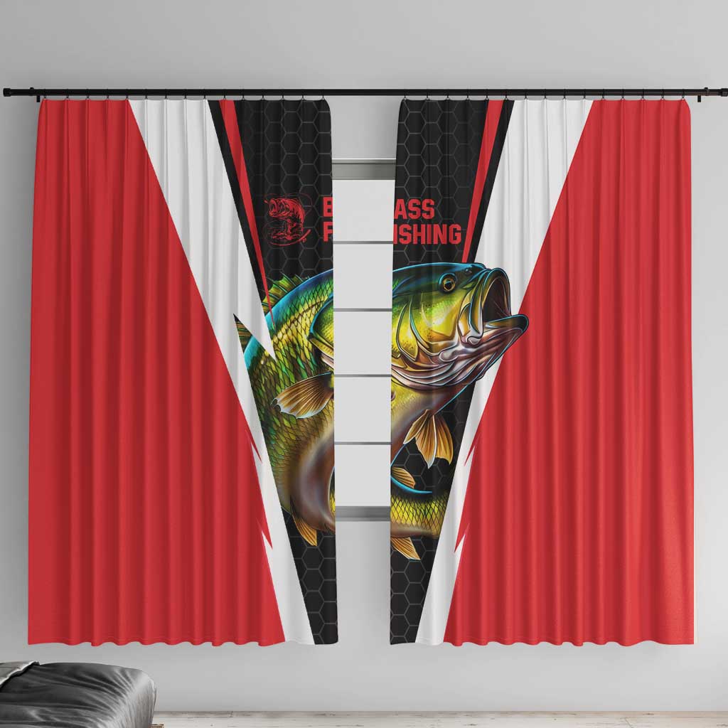 Bass Fishing Personalized Window Curtain Bold Red and Black Lightning Pattern and Honeycomb Background - Wonder Print Shop