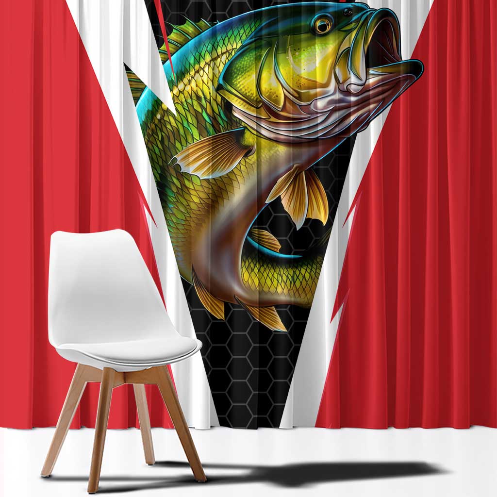 Bass Fishing Personalized Window Curtain Bold Red and Black Lightning Pattern and Honeycomb Background - Wonder Print Shop