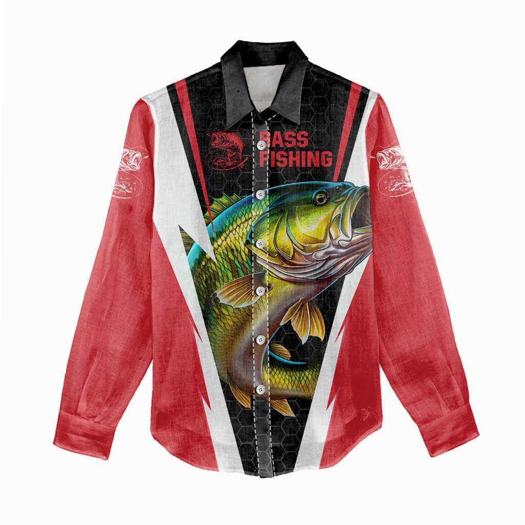 Bass Fishing Personalized Women Casual Shirt Bold Red and Black Lightning Pattern and Honeycomb Background - Wonder Print Shop