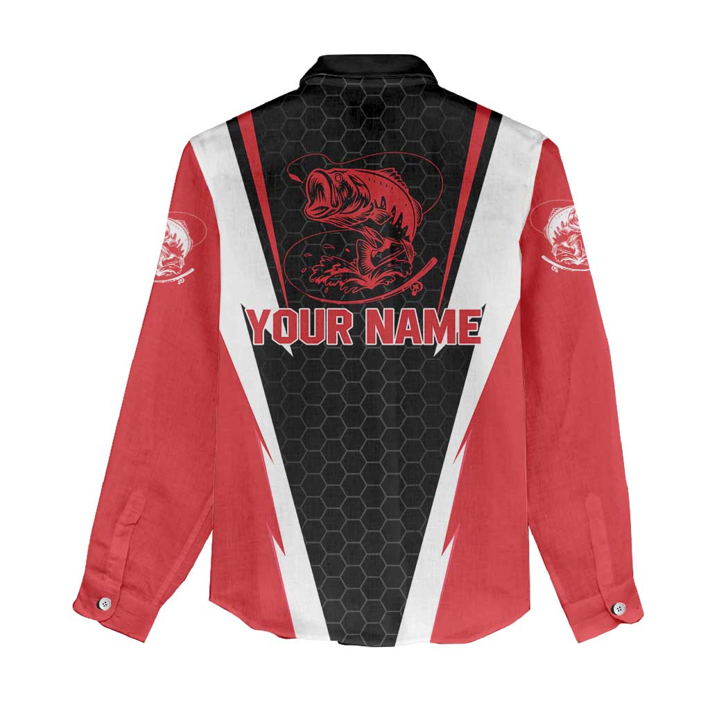 Bass Fishing Personalized Women Casual Shirt Bold Red and Black Lightning Pattern and Honeycomb Background - Wonder Print Shop