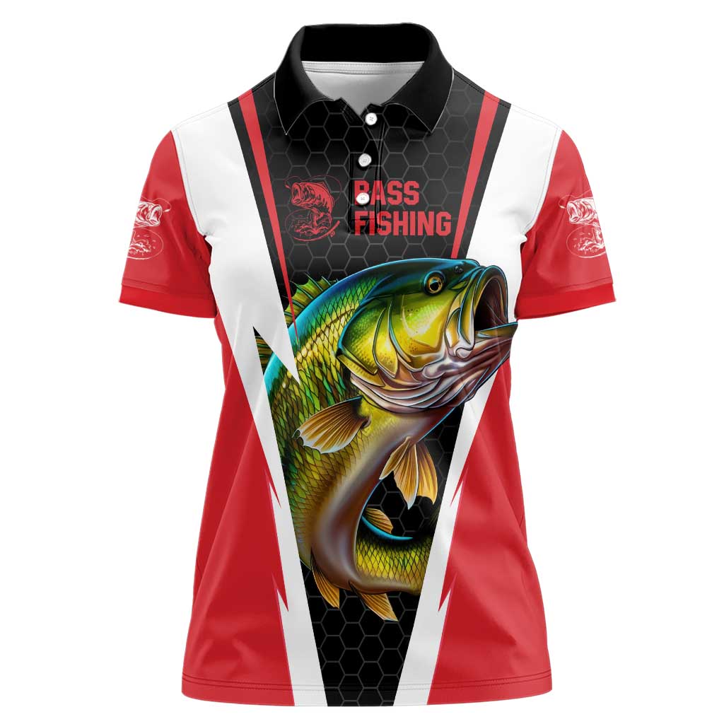 Bass Fishing Personalized Women Polo Shirt Bold Red and Black Lightning Pattern and Honeycomb Background - Wonder Print Shop