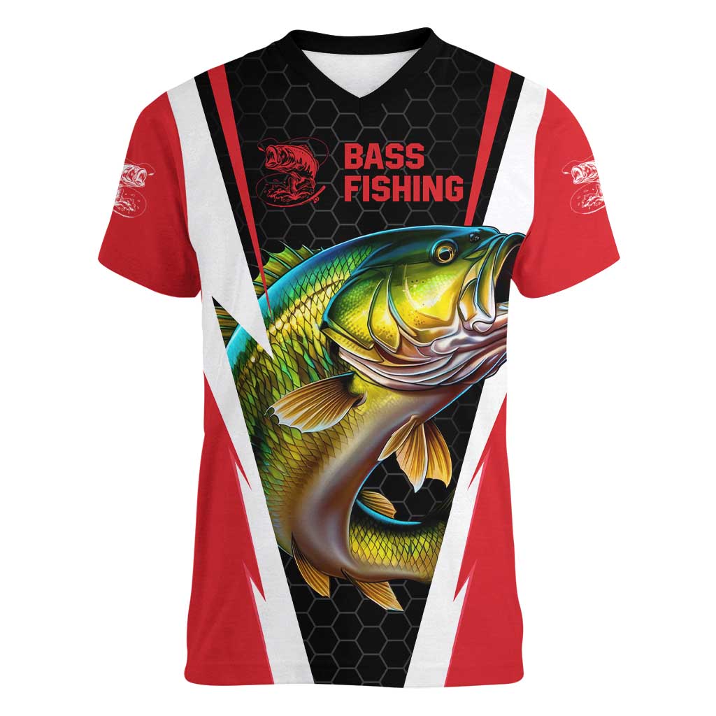 Bass Fishing Personalized Women V-Neck T-Shirt Bold Red and Black Lightning Pattern and Honeycomb Background - Wonder Print Shop