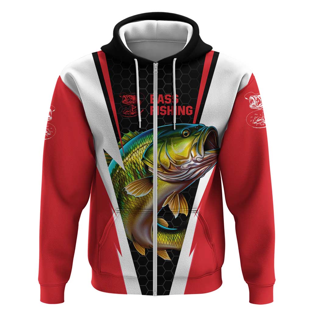 Bass Fishing Personalized Zip Hoodie Bold Red and Black Lightning Pattern and Honeycomb Background - Wonder Print Shop