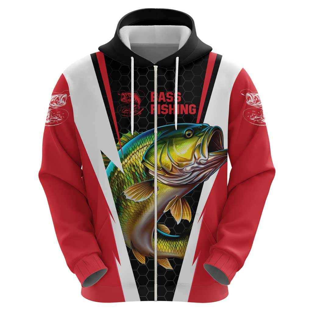 Bass Fishing Personalized Zip Hoodie Bold Red and Black Lightning Pattern and Honeycomb Background - Wonder Print Shop